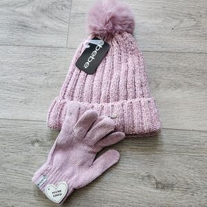 Bebe Pink Beanie Hat and Glove Set Womens One Size Knitted Faux Fur Pom-pom